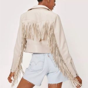 Vegan leather faux leather fringe jacket size m festival fringe Moto jacket